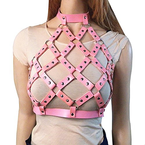 Womens Punk Body Leather Cage Harness Chest Adjustable Strap Belt Metal Costumes
